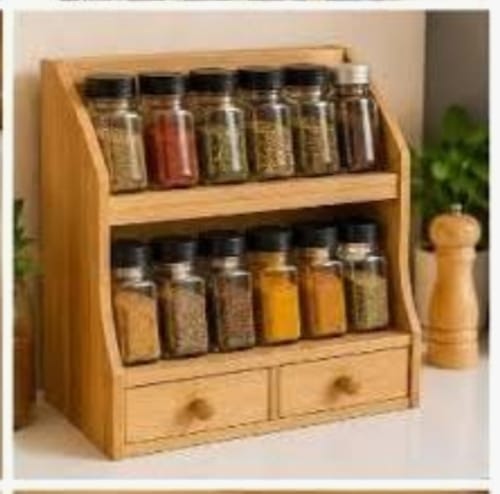 2-tier wooden countertop spice rack organizer with drawers